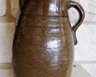 Beautiful Antique Glazed Pottery Pitcher - Great green color that has that aged, vintage decor look!  About 14" tall.  It does have some chips on the mouth, but it is very old.  I think it adds to the piece.  $65