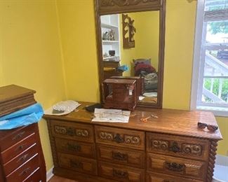 40 year older dresser. Chester drawers and nightstand to match. Will separate. Jewelry box stand not included. 