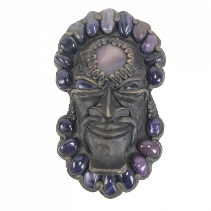 Art Pottery Sculpted Clay Mask Adorned With Amethysts, Signed Krisna Brasil