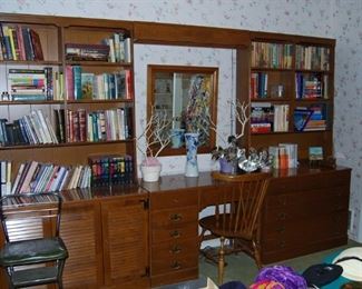 ETHAN ALLEN 5 PC VINTAGE LOUVERED SET (CABINET WITH HUTCH, DESK, CHAIR, MIRROR, DRESSER WITH HUTCH)