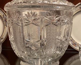 Vintage Bohemia cut crystal punch bowl with lid, ladle and 4 cups