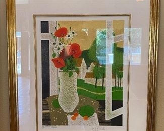 Color lithograph still life by French artist Yves Ganne (b. 1931) with custom handmade exquisite gilt frame. Signed and numbered