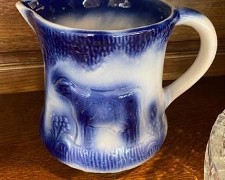 Vintage Blue and White Milk Cow Ironstone Stoneware Pottery Pitcher