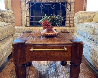 20.5” x 20.5” butcher block style table with brass pulls
