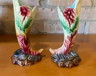 Pair of Majolica bud vases