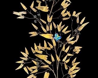 MCM bas-relief welded brass wall sculpture by renowned metal artist Jere Curtis (1910-2008); size 39"x56"x7"