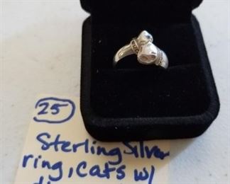 sterling silver cat head ring w diamonds