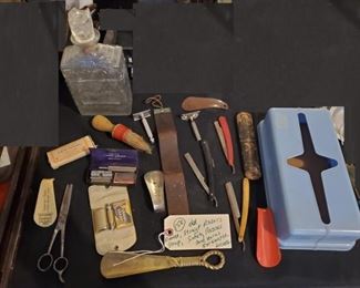 Old shaving straight razors, razor strop, shoe horns, IW Harper decanter, more