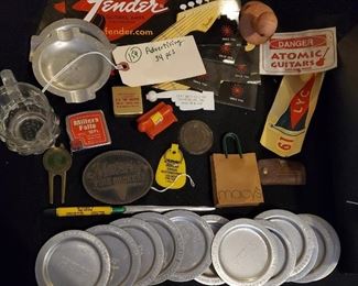 Old advertising items Silvaire Dallas Texas airplane coasters, Fender guitar stickers, Miller Falls tape measure, lots more