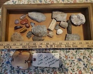 Old native american pottery, rocks, polished tiger eye, quartz, scrapers, petrified wood, etc
