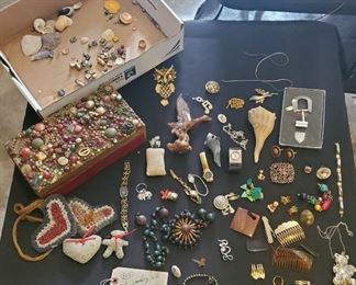 old folk art hand decorated jewelry box full of stuff