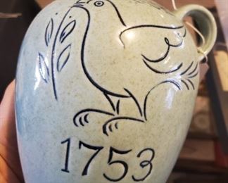 Hall Pottery advertising jug 1753 w Bird and advertising on back. 