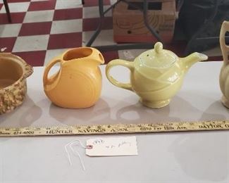 old pottery yellowware, fiesta yellow pitcher, hall teapot, usa matte yellow vase