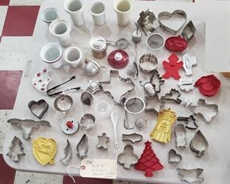 old kitchen cookie cutters, tea strainers, Blackstone Hotel clawfoot tongs, biscuit cutter, more