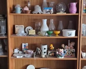 bookcase and contents.  3 boxes of Libbey lamp chimneys included. 