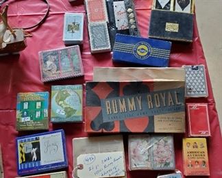 playing cards, antique Rummy Royal card playing mat, lots more