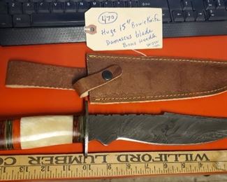 Huge 15" bowie knife with bone handle and damascus steel blade w leather scabbard and original box, never sharpened or used. 