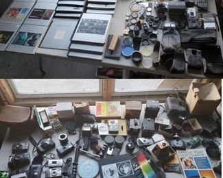 Huge massive lot of old cameras photography books lenses old walkie talkies lots more.  Brownie Polaroid Vivitar Kodak more