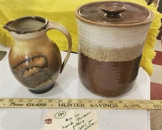 Hand thrown and signed pottery.  The pitcher is marked Homestead and signed by the artist. Homestead is the pottery at the amish / mennonite community west of Elm Mott, Texas.  