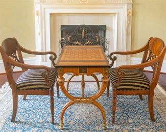 Henredon Game Table with 2 Chairs — Natchez Collection Width 33 1/4", Depth 22", Height 29" — Rug Not For Sale
