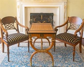 Same as previous photo. Henredon Game Table with 2 Chairs — Natchez Collection Width 33 1/4", Depth 22", Height 29" — Rug Not For Sale
