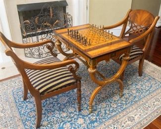 Same as previous photo. Henredon Game Table with 2 Chairs — Natchez Collection Width 33 1/4", Depth 22", Height 29" — Rug Not For Sale