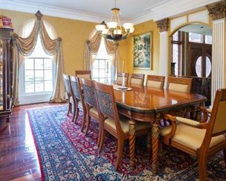 Henredon Grand Provenance Dining Room Table + 10 Chairs — Walnut & Walnut Burl with Delicate Inlays, Brass Ormulu, Emerald Granite & Touches of Gold Gild — Turkish Rug 13' 4" x 10' 3"