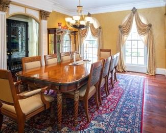 Same as previous photo — Henredon Grand Provenance Dining Room Table + 10 Chairs — Walnut & Walnut Burl with Delicate Inlays, Brass Ormulu, Emerald Granite & Touches of Gold Gild — Turkish Rug 13' 4" x 10' 3"