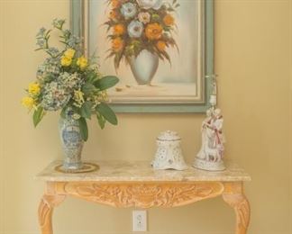 Flowers and Painting are sold. 40.5" long. 16" wide. 28.5" tall