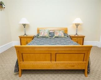 Same set as previous photo — Queen Size Stanley Bedroom Set — 4 Pieces — Queen Bed, Nightstands 28" wide x 17" from wall x 26 1/4" tall and Matching Dresser 72" Long x 20" from wall x 32 3/4" high — Mirror is 52 1/2" tall x 56" wide (mattress, box springs, and frame included)