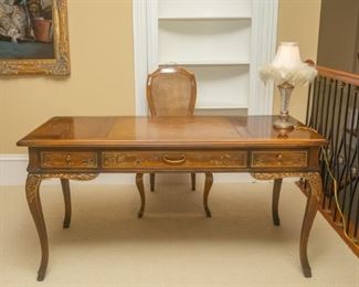 Vintage Drexel Et Cetera Chinoiserie Leather Top Hand-Painted Writing Desk and Chair 60” x 27” x 29 3/4”