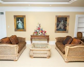 Vintage curved woven wicker custom upholstered sofas and coffee table 