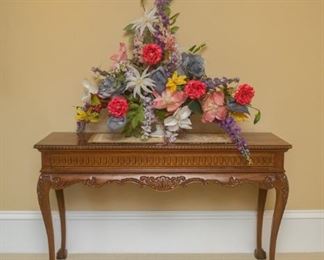 Chippendale style console entry table 51 3/4” x 17 3/4”  + Capodimonte floral arrangement 
