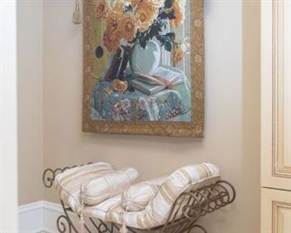 Wrought iron bench with cushion & 2 bolster pillows + Tapestry