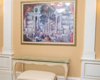 Same as previous photo — Carved and Lined Wood Knotted Rope Bench and Entry Table with Glass Top