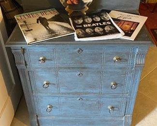 Beautiful 3-drawer blue chest with silver pulls and James Dean memorabilia