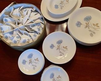 Wedgwood Ice Rose Bone China.  9 - 5 piece place settings. 2extra cups. 1-14x10 1/2 platter. 1-10x7 1/2 vegetable dish. New not used !