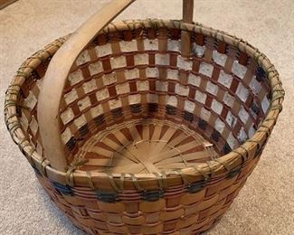Native American Indian basket. From Leelanau Peninsula , Michigan. Ash handle- Birch Bark woven round basket 