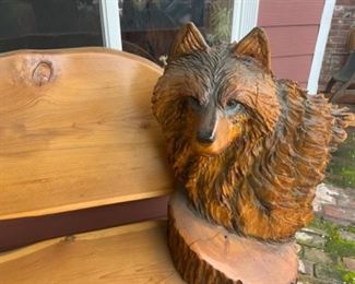 Hand carved wooden Wolf bench