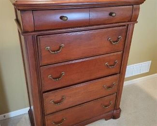 A solid wood bedroom set. Queen bed and bench as well as a high-boy dresser and long dresser with nightstands. chest of drawers high boy 39 1/2" W x 18" D x 52" H