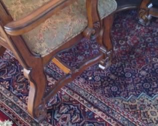 Hand woven Danish rug and Very ornate and Beautiful dining set purchased at Nebraska Furniture Mart 6 chairs and 2 Captains chairs 