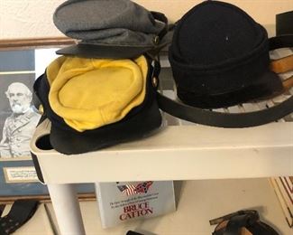 Civil War uniform hats, belts and pistol holders