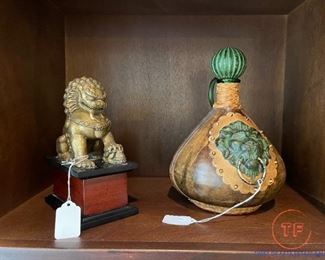 Vintage Leather Wrapped Decanter and Brass Pho Dog Bookend