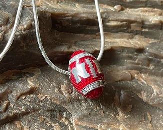 Sterling Silver Necklace with Husker Faberge Football Egg with Diamonds and Gold