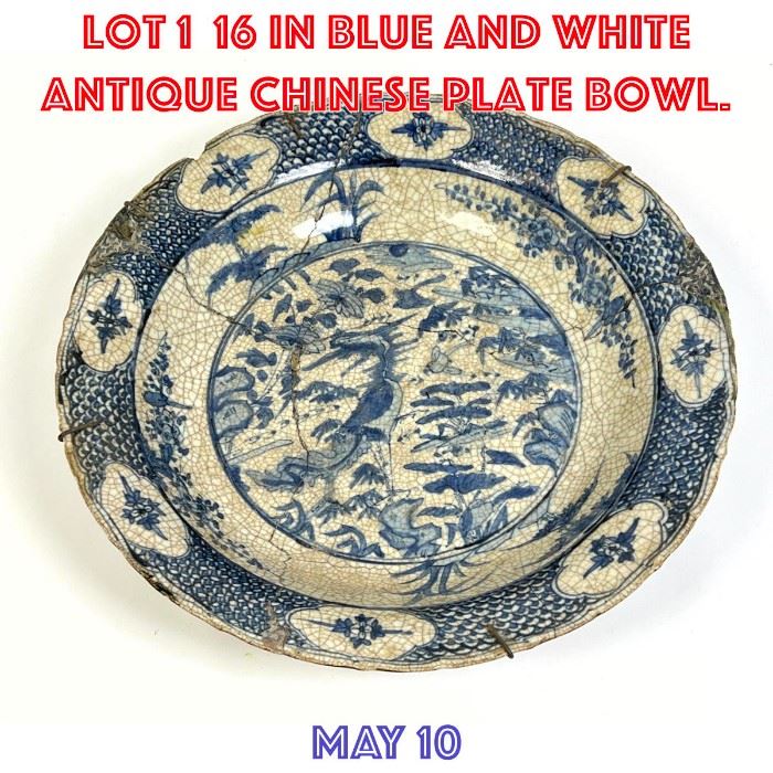 Lot 1 16 in Blue and White Antique Chinese plate bowl.