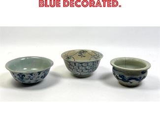 Lot 9 3pcs Chinese Bowls. Ming, Blue decorated. 