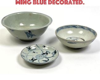 Lot 39 3pcs Chinese Bowls. Ming Blue decorated. 