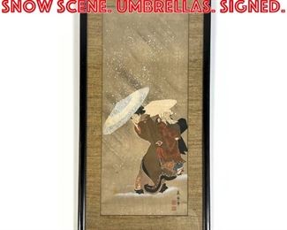 Lot 102 Japanese block print Snow scene. Umbrellas. Signed. 
