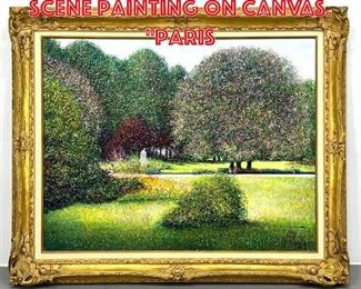 Lot 138 Signed French Garden Scene Painting on Canvas. Paris 