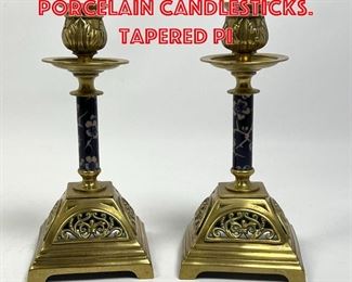Lot 166 Pr Vintage Brass And Porcelain Candlesticks. Tapered pi